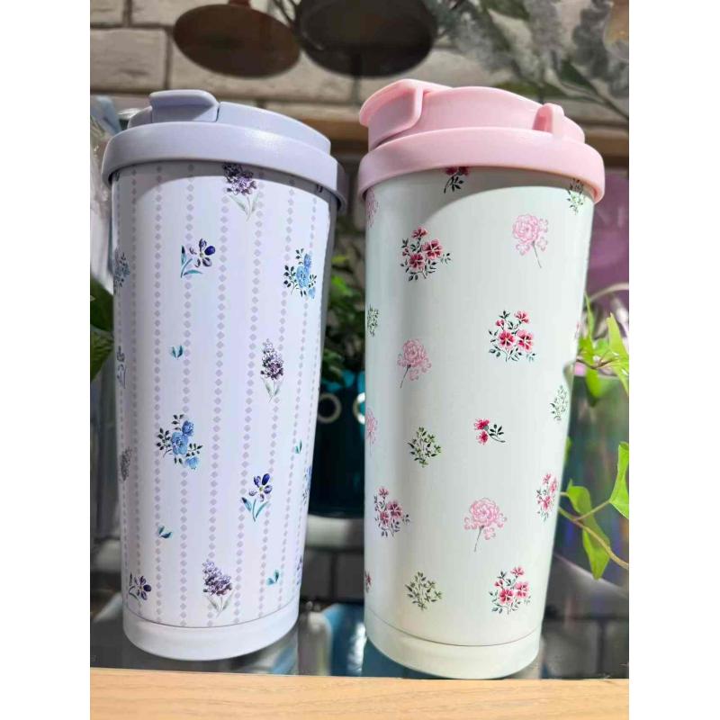 限时特价：下午茶碎花系列 不锈钢带吸管两用咖啡杯保温杯 480ml 粉色/蓝色可选（缺货退款）